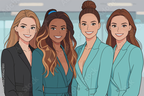 Group of four women standing together in a modern office setting during daytime