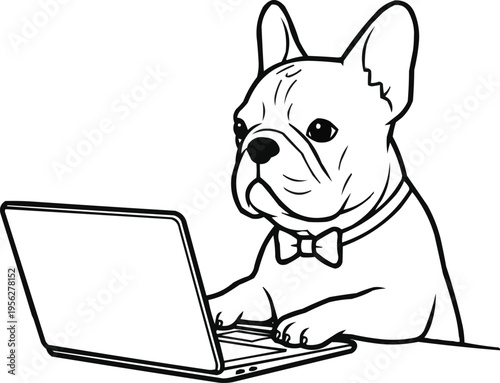 A french bulldog sitting at a table using an apple laptop