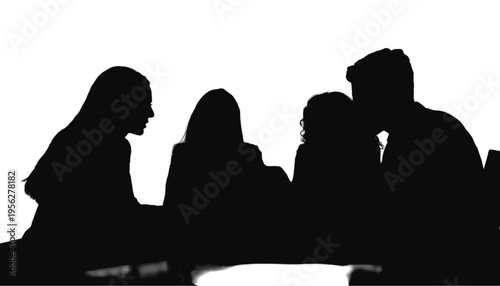 Four business people silhouettes meet around a table in a focused discussion creating a strong partnership.