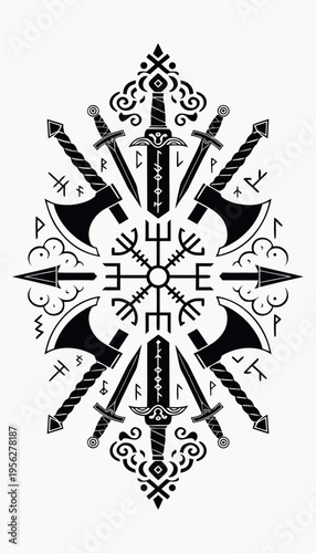 Black and white design featuring swords and runes created in a symmetrical style on a plain background Generative AI