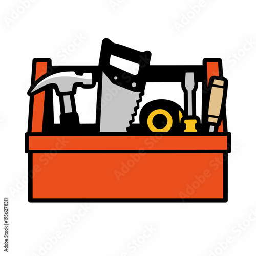 Toolbox with various tools inside for DIY and construction projects, including hammer and saw