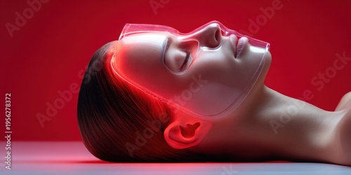 Futuristic woman with clear mask and red light therapy, close-up profile view