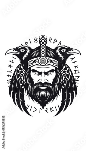 Norse god with ravens and runes showing strength and wisdom from ancient mythology at an unknown time Generative AI
