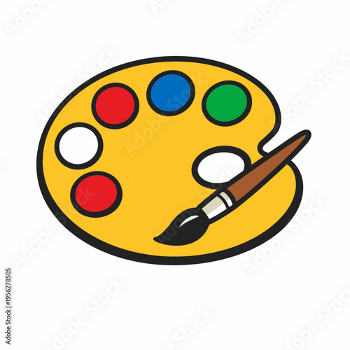 Colorful paint palette with brush on white background for artistic creation