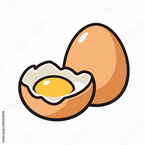 Cartoon illustration of a broken egg with yolk and whole egg on white background