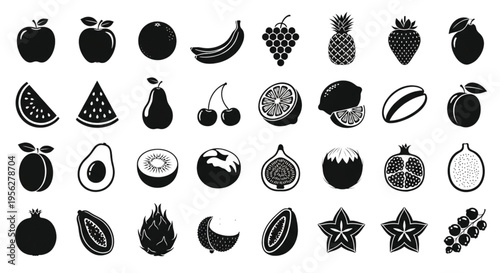 Fruit Silhouette Icon Set Black Tropical and Fresh Fruits Vector Collection Apple Banana Citrus Berry Isolated