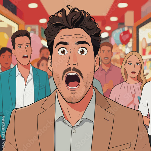 Surprised man in a crowd of people at a busy shopping mall during the day looking shocked by an unexpected event