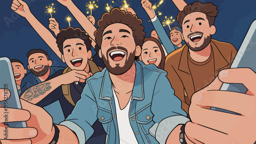 Group of friends celebrating and taking selfies together during a fun event at night with sparklers