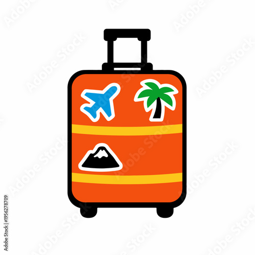 Vibrant orange travel suitcase with airplane, palm tree and mountain stickers for adventure and exploration