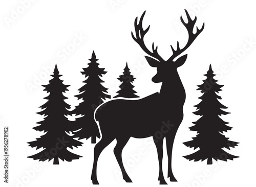 A wild brown buck with large antlers stands as a majestic reindeer silhouette in the winter forest nature illustration