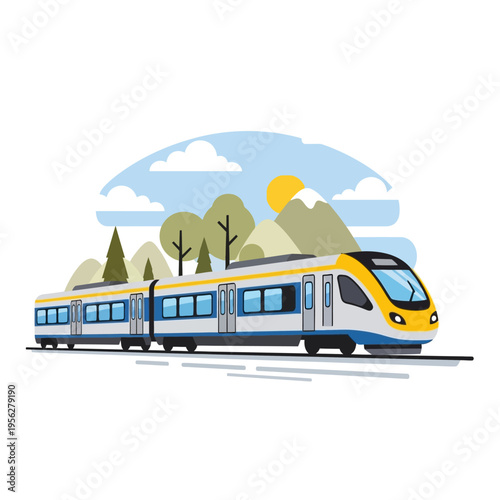 Modern High-Speed Train Traveling Through Scenic Mountain Landscape