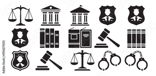 Justice and law enforcement icons with scales building gavel handcuffs and police silhouettes