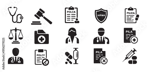 Medical law icon set with healthcare symbols stethoscope gavel insurance and doctor graphics