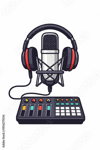 Professional podcasting equipment with microphone and headphones on a soundboard for recording and editing audio content in a studio