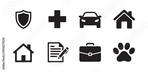 Insurance coverage categories icons with shield house car medical cross and briefcase signs