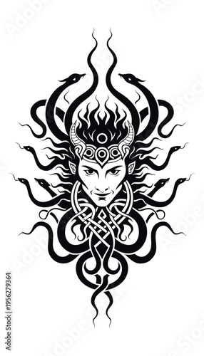 Mythical figure with snakes and intricate patterns in black and white design representing ancient stories and legends Generative AI