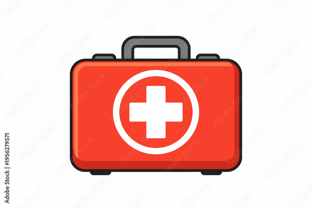 Obraz premium Red first aid kit box with white cross symbol on isolated background for medical emergency response