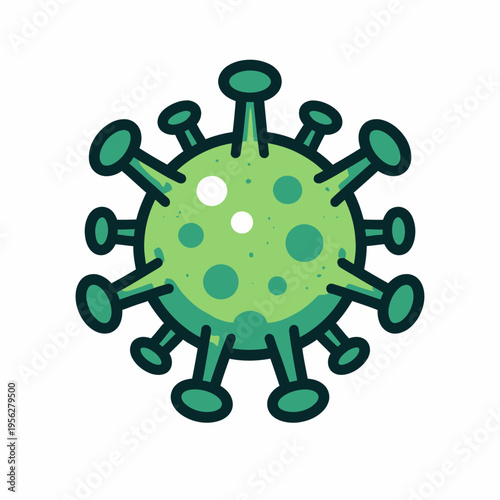 Cartoon illustration of a green virus cell with protruding spikes on a white background, representing a microscopic pathogen