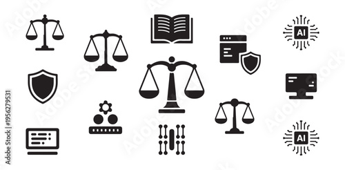 Law and artificial intelligence technology icons set including justice scales and security