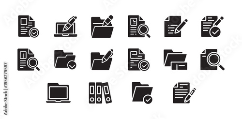 Document management and data search icons showing file folders with pen and archive tools