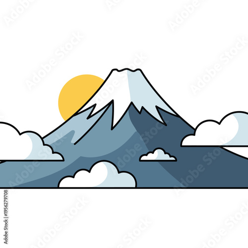 Stylized Mount Fuji icon with sun and clouds, Japanese landscape, flat design