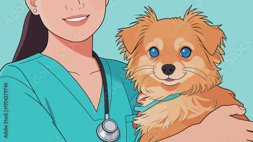 Veterinarian with a small dog smiles while holding the pet in a clinic during a bright day
