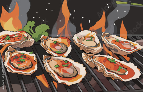 Grilling oysters on the barbecue at a summer cookout by the beach with flames and smoke in the background
