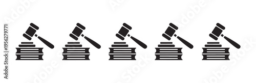 Row of judge gavel and law books icons representing auction verdict and judiciary