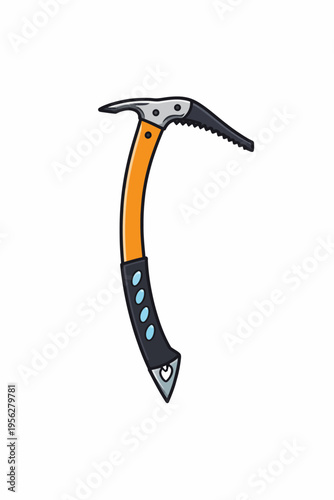 Cartoon illustration of a modern ice axe with orange and black handle for climbing and hiking in mountains