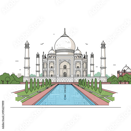 Taj Mahal Landmark Illustration, India Monument, Mughal Architecture, White Marble Mausoleum