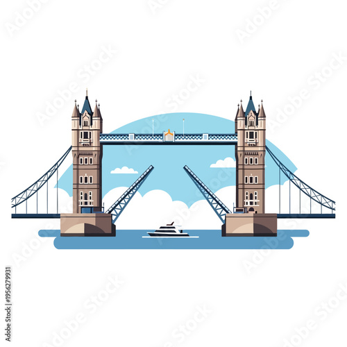 Tower Bridge Opening for Boat, London Landmark Illustration