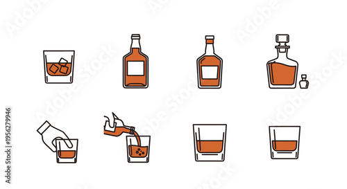 Whiskey bottles and glasses with ice cubes, vector illustration set.
