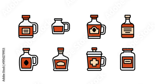 Set of eight different cartoon style liquor bottles with labels.