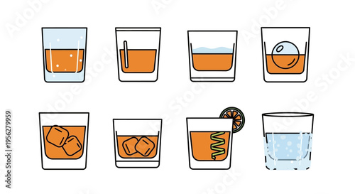 Collection of various whiskey cocktails in different glasses, vector illustration.
