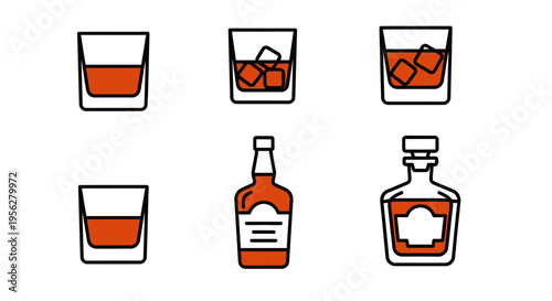 Set of whiskey glasses and bottles with orange liquid, vector illustration.