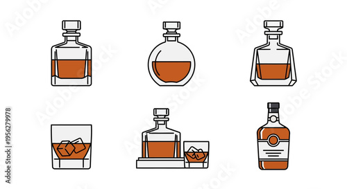 Set of whiskey bottles and glasses with ice cubes on white background.