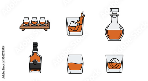 Various illustrations of whiskey glasses, bottles, and decanters on a white background.