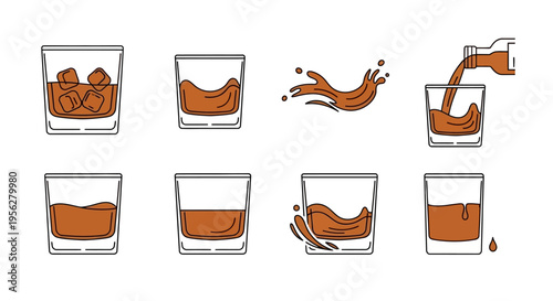 Set of whiskey glasses with ice, pouring, and splash illustrations.