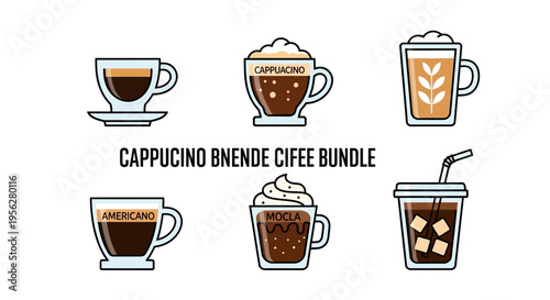 Collection of coffee drinks including cappuccino, americano, and iced coffee in a bundle.
