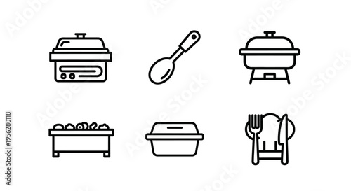 Set of vector icons depicting various cooking and food preparation tools and items.