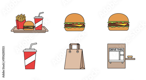 Delicious fast food illustration with burgers, fries, and drinks on a tray, ready to eat.