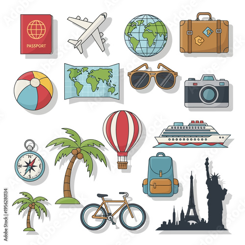 Travel and Adventure Icons: Passport, Airplane, Globe, Suitcase, Camera, Hot Air Balloon