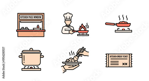 Collection of colorful cooking and food preparation icons for restaurant and kitchen use.