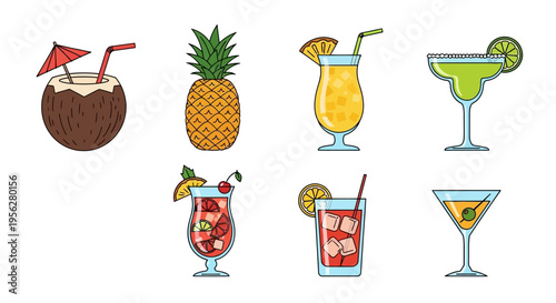 Colorful cocktail and fruit illustrations for summer drinks and tropical beverages.