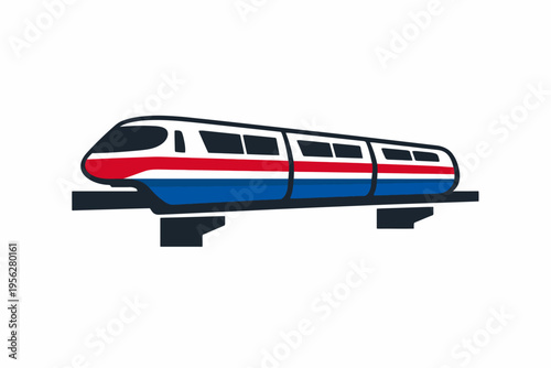 Monorail train on elevated track with red white and blue colors