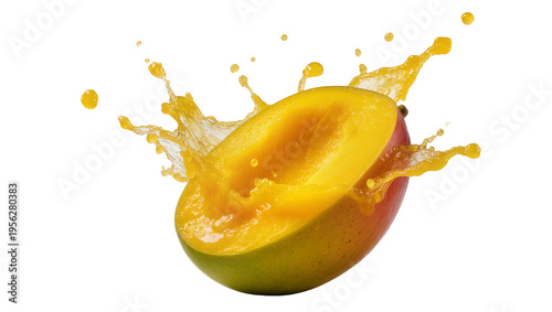 Quadro su tela Isolated vibrant fresh mango fruit half with a dynamic juicy yellow splash explo