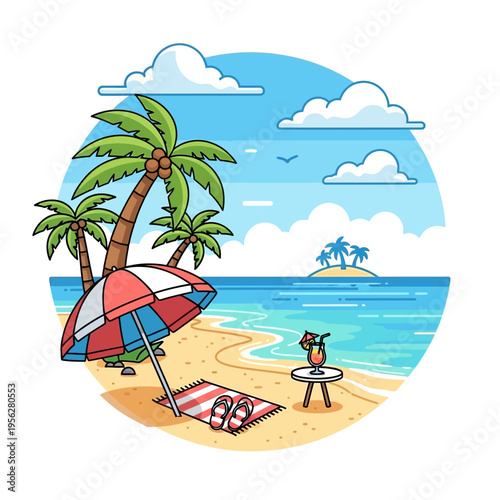 Tropical Beach Paradise with Palm Trees, Umbrella, and Cocktail