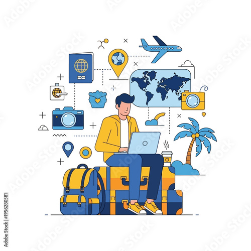 Travel Planning Online: Man with Laptop, Luggage, Map, Camera, Passport, Plane