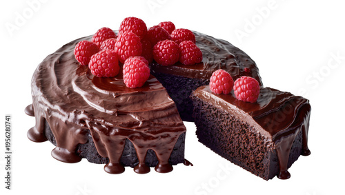 фотографія Isolated dark chocolate cake with a cut slice, fresh red raspberries, and rich g