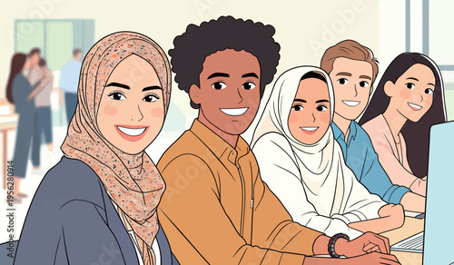 Group of young people working together at a table in a bright classroom during a team project meeting